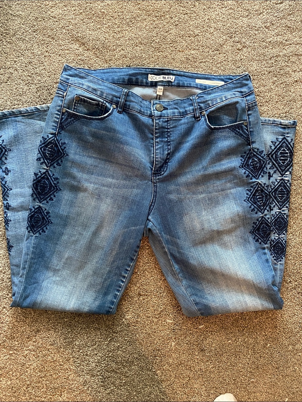 Code Bleu Women's Medium Blue Straight Leg Jeans with Navy Embroidery